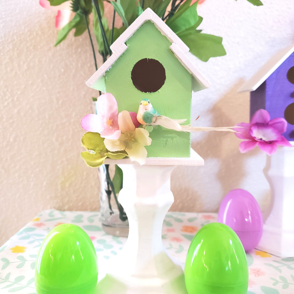 These DIY Decorative Candlestick Birdhouses are the perfect Spring decor DIY! With some craft store birdhouses and candlesticks, you can liven up your home for spring!