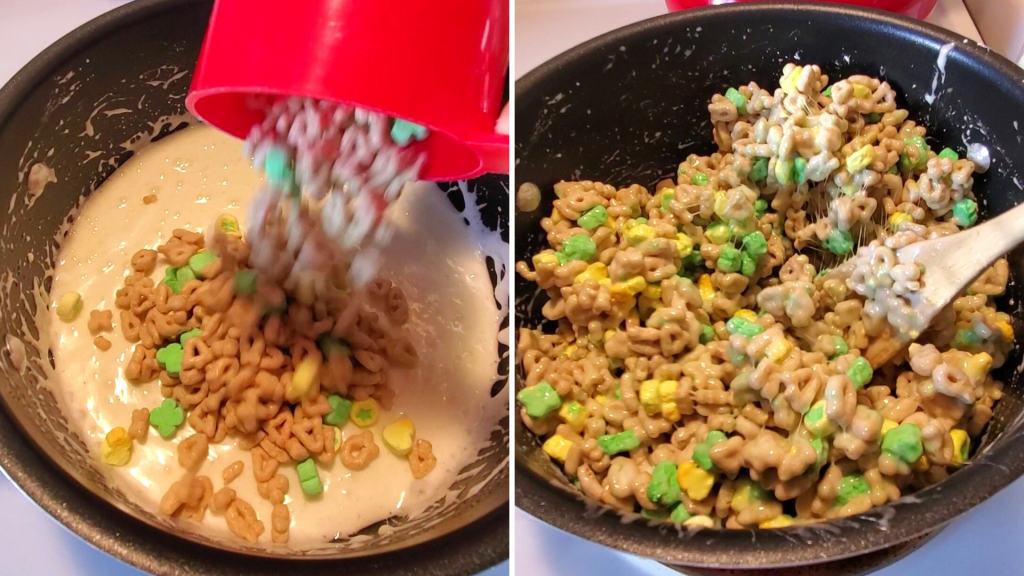 A fun St. Patrick’s Day take on the traditional Rice Krispies Treats, these Lucky Charms Marshmallow Treats are the perfect easy-to-make, no-bake dessert. Plus, they’re sweet, crunchy, so buttery, and have TWO kinds of marshmallows! Yum!
Here, add 6 cups of Lucky Charms to the melted marshmallow mixture and fully combine.