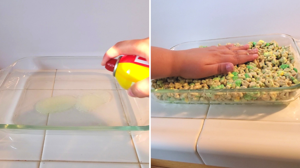 A fun St. Patrick’s Day take on the traditional Rice Krispies Treats, these Lucky Charms Marshmallow Treats are the perfect easy-to-make, no-bake dessert. Plus, they’re sweet, crunchy, so buttery, and have TWO kinds of marshmallows! Yum!
Here, spray an 11"x7" baking dish with cooking spray and pour the marshmallow treat mixture into the dish. Firmly pack the marshmallow treat mixture into the baking dish.