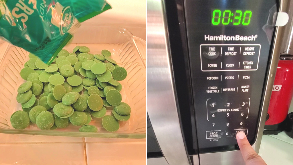 A fun St. Patrick’s Day take on the traditional Rice Krispies Treats, these Lucky Charms Marshmallow Treats are the perfect easy-to-make, no-bake dessert. Plus, they’re sweet, crunchy, so buttery, and have TWO kinds of marshmallows! Yum!
Here, melt 2-3 cups of green candy wafers at 30-second intervals in the microwave.