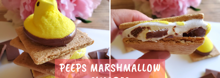 These Peeps S'mores make for a quick and easy spring treat! Using chocolate-dipped Peeps marshmallows and graham crackers, you literally only need two ingredients to whip up some delicious s'mores! These Peeps S'mores also make for a fun spring treat for kids!