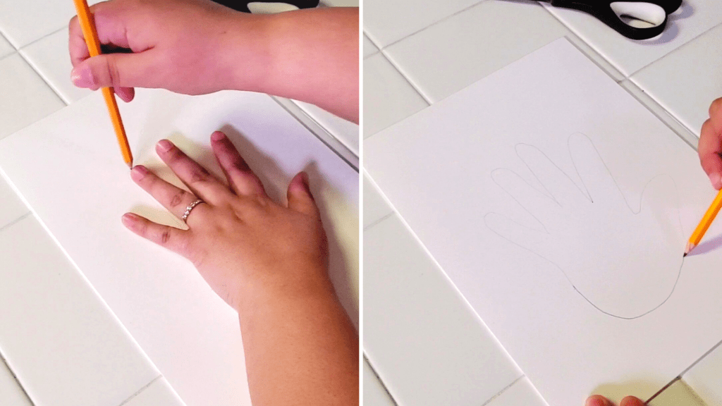 A fun and easy spring craft for families, these adorable bunnies are made out of your handprint!
Here, trace your hand with a pencil on a piece of cardstock paper. 