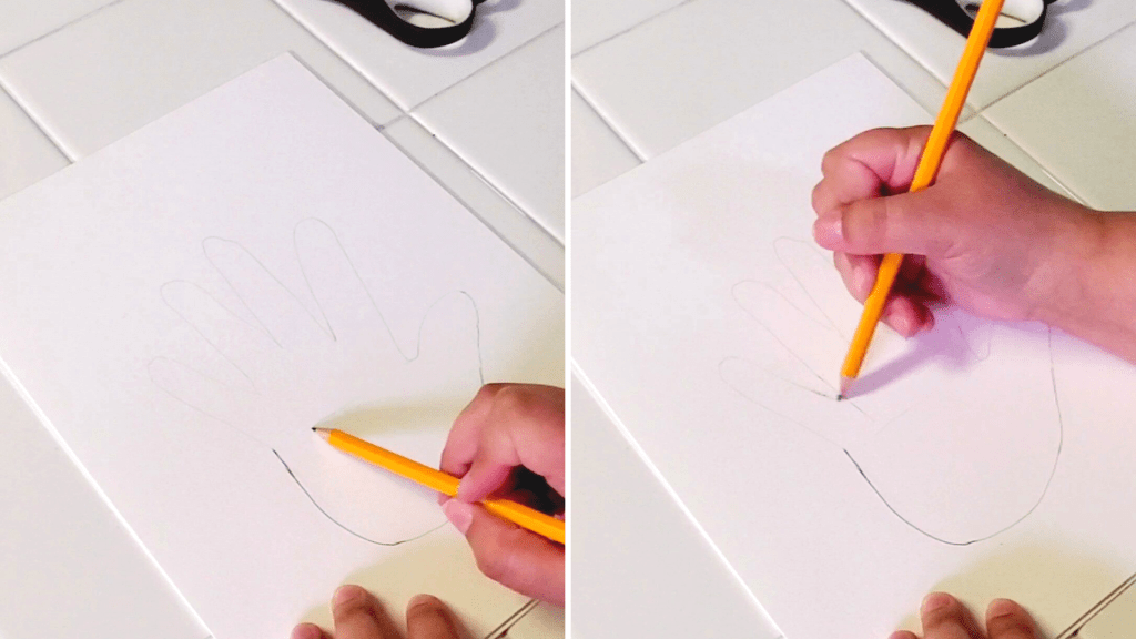 A fun and easy spring craft for families, these adorable bunnies are made out of your handprint!
Here, drop the point where the ring finger and pinky meet so it is even with the point where the thumb and index finger meet. 