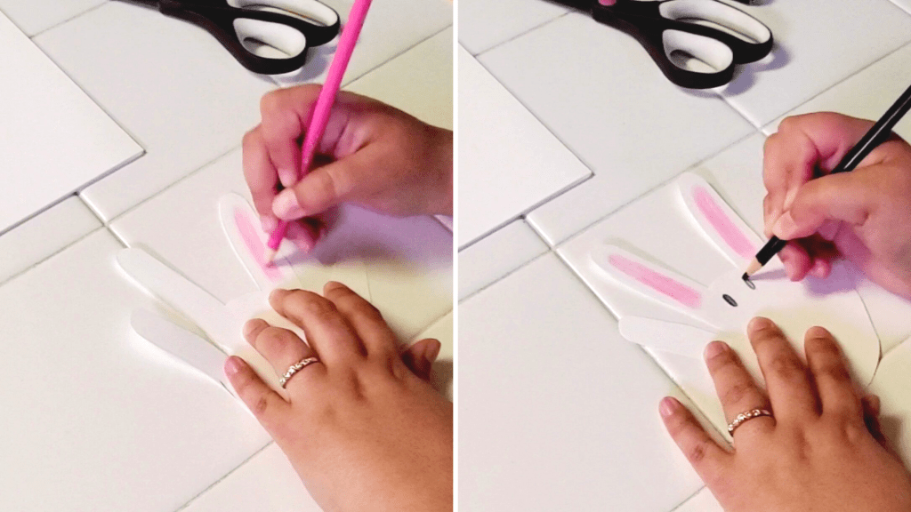 A fun and easy spring craft for families, these adorable bunnies are made out of your handprint!
Here, color in the center of the index and ring finger with a pink colored pencil to create the bunny's ears. With a black colored pencil, create the bunny's eyes. 