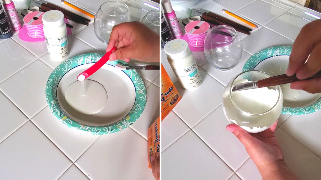 Want to make some Easter decorations to add some cute bunny decor to your home? Learn how to create this easy decorative DIY Glass Jar Easter Bunny craft using dollar store glass jars and paint for a fun Easter decor idea!
Mix a dash of baking soda in with the white paint and paint the inside of the two glass jars. 