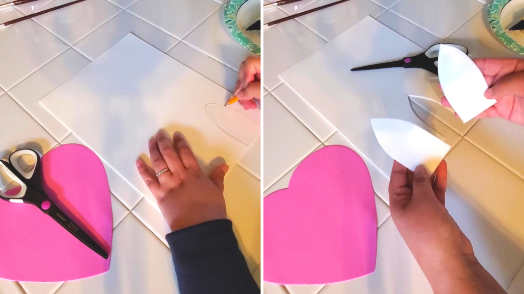 Want to make some Easter decorations to add some cute bunny decor to your home? Learn how to create this easy decorative DIY Glass Jar Easter Bunny craft using dollar store glass jars and paint for a fun Easter decor idea!
With a pencil, trace out your bunny ears and cute them out. 