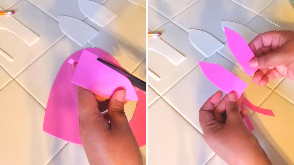 Want to make some Easter decorations to add some cute bunny decor to your home? Learn how to create this easy decorative DIY Glass Jar Easter Bunny craft using dollar store glass jars and paint for a fun Easter decor idea!
With a pencil, trace out the inner pink part of the ear and cut them out. 