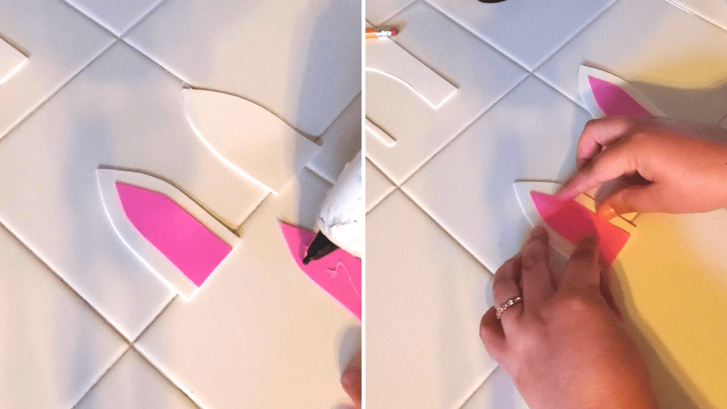 Want to make some Easter decorations to add some cute bunny decor to your home? Learn how to create this easy decorative DIY Glass Jar Easter Bunny craft using dollar store glass jars and paint for a fun Easter decor idea!
With some hot glue, adhere the pink parts of the ear to the white ear background. 