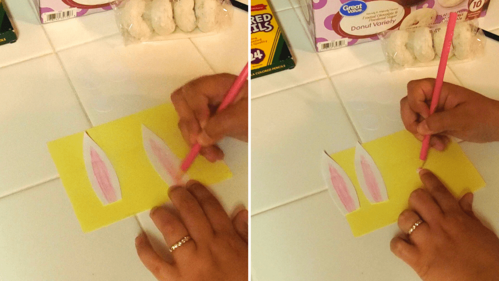 These simple and adorable Easter Bunny Donuts make for a quick Easter basket gift for kids or a fun spring treat to hand out to friends and family!
With a pink colored pencil, color the center of the bunny ears pink.